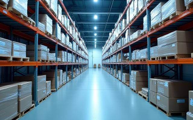 Spacious, clean, and modern temperature-controlled warehouse with shelves stocked with various goods, lit by cool LED lighting.